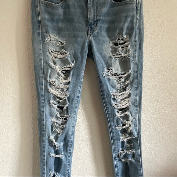 American Eagle Jeggings Super Stretch High Rise Skinny Light Wash Distressed - Picture 3 of 11